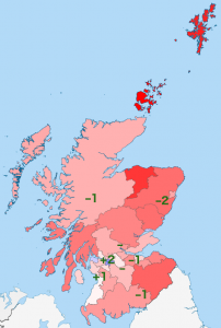 The colour of each council area shows the difference between the actual indyref result and an old prediction of mine, based on an earlier election. Red means it did less well, and blue means it did better.